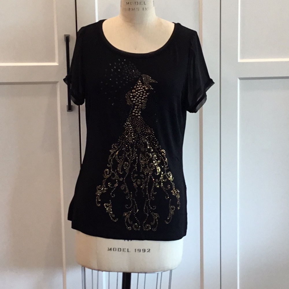 OLSEN Europe Black Crystal Peacock Embellished Blouse Sheer Sleeve M - Picture 14 of 16